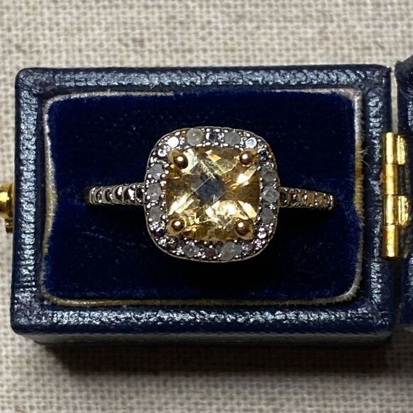 💛 925 & 14k Yellow Gold Plated Citrine & Diamond Halo Ring - Picture 2 of 8
